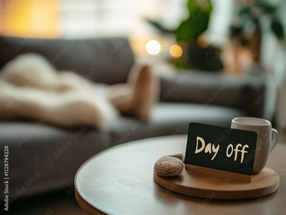 A cozy living room scene featuring a 'Day Off' sign on a coffee table, warm ambient light, and a relaxing vibe, perfect for a lazy day. A cozy living room scene featuring a 'Day Off' sign on a coffee table, warm ambient light, and a relaxing vibe, perfect for a lazy day.
