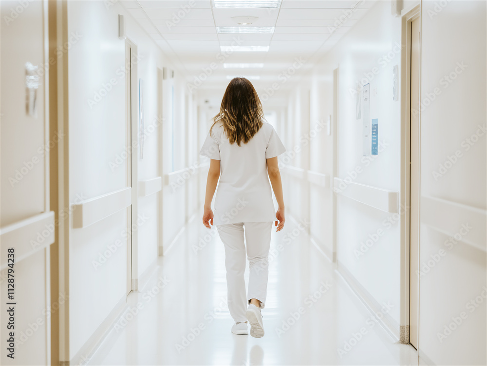 A healthcare worker walking down a bright hospital corridor. The clean and minimalist setting emphasizes professionalism and the medical environment. A healthcare worker walking down a bright hospital corridor. The clean and minimalist setting emphasizes professionalism and the medical environment.