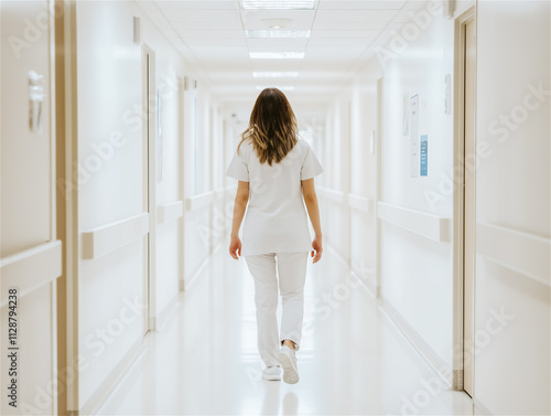 A healthcare worker walking down a bright hospital corridor. The clean and minimalist setting emphasizes professionalism and the medical environment.