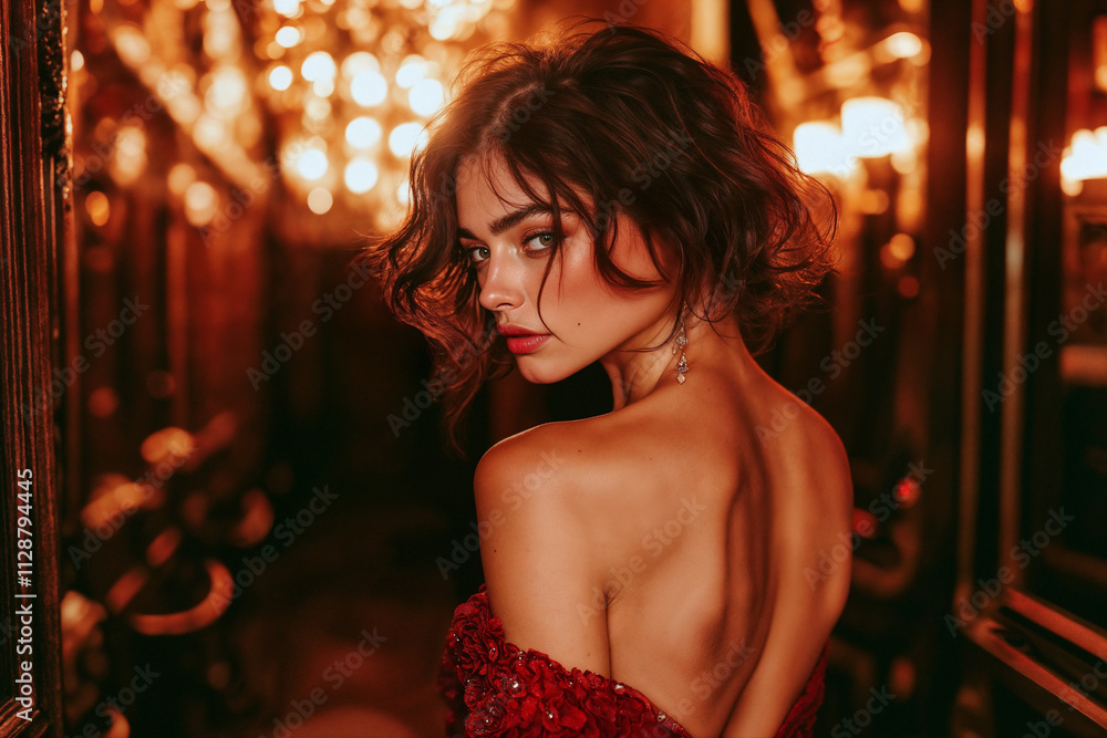 Naklejka premium A young woman with wavy hair gazes over her shoulder while wearing a stunning red dress in a luxurious, softly lit interior.