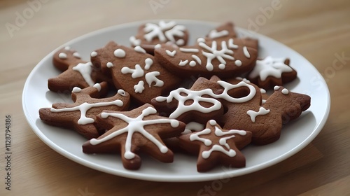 86. A plate of holiday cookies shaped like reindeer, stars, and snowflakes on a wooden table photo