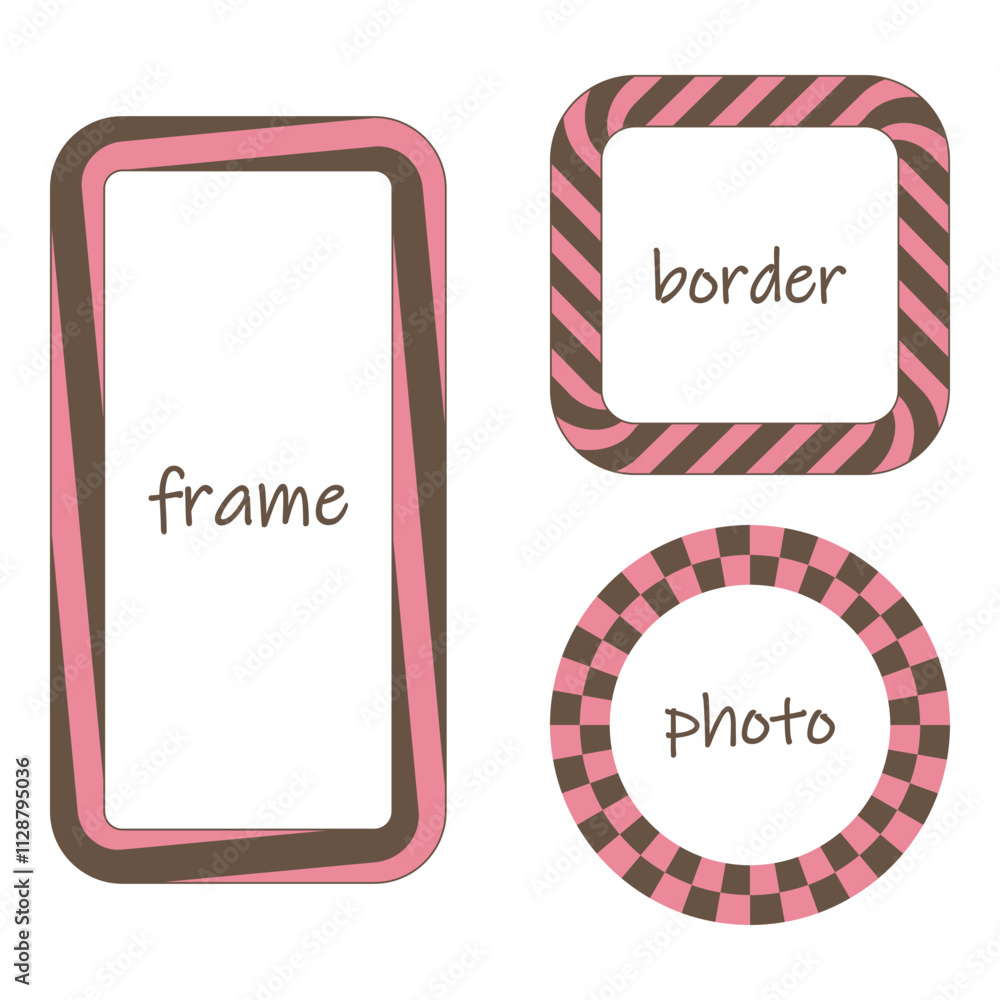 Decorative geometric ornament frame set. Square, circle, rectangle shapes background. Mocha coffee, pink color palette, empty text space, modern graphic, vintage style. Cute vector illustration Decorative geometric ornament frame set. Square, circle, rectangle shapes background. Mocha coffee, pink color palette, empty text space, modern graphic, vintage style. Cute vector illustration