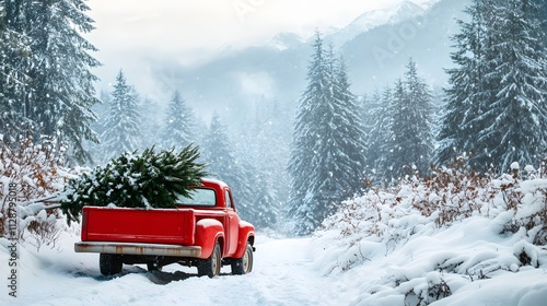 85. A vintage red pickup truck carrying a Christmas tree through a snowy landscape