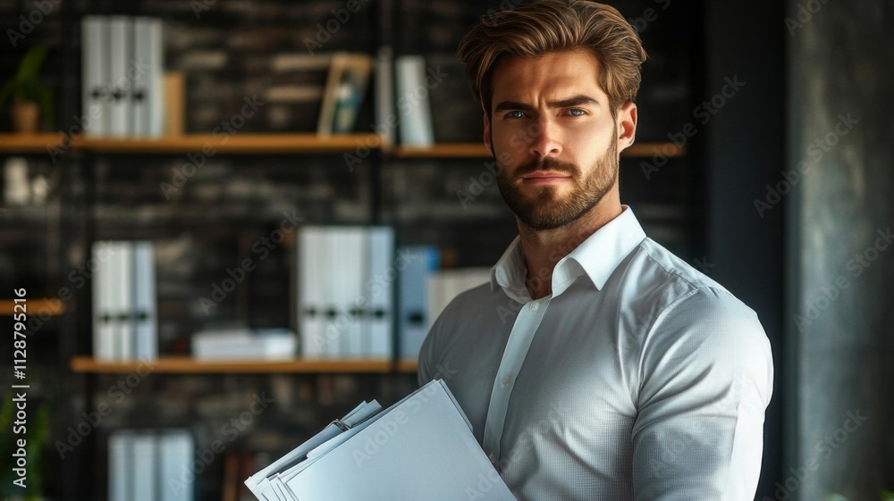 Confident Man Holding Papers in Office Setting Confident Man Holding Papers in Office Setting