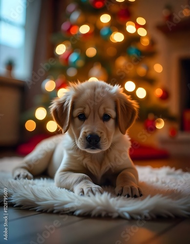 Cute little pappy front of the Christmas tree.