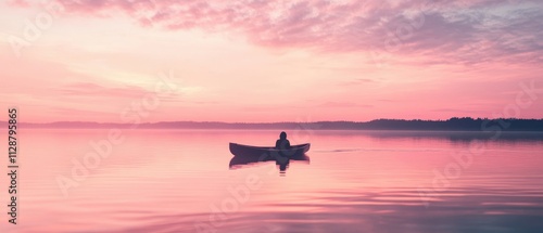 Sunset reflections over calm lake with solitary canoeist enjoying serene waters and vibrant sky hues