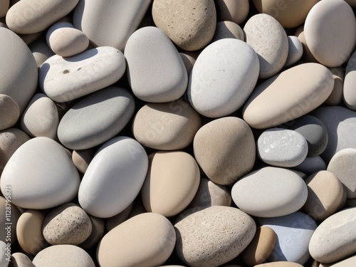 smooth rounded stones piled up on a beach photo