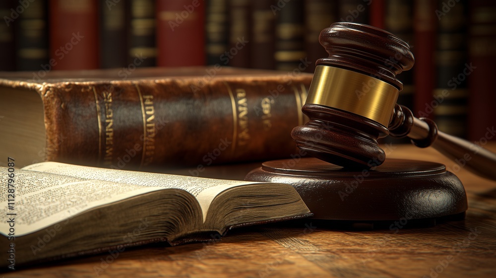 Gavel resting on an open legal book with a background of law books in a traditional setting Gavel resting on an open legal book with a background of law books in a traditional setting
