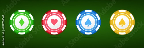 Poker chips, casino game icons. Gambling coins, four tokens with card signs of diamond, heart, spade and club