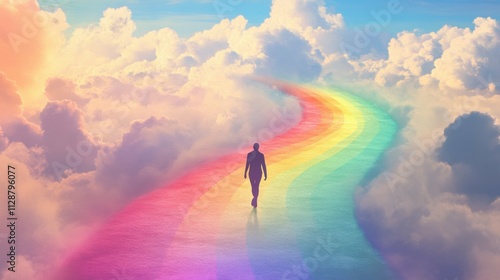 Surreal image of a person walking on rainbow-colored path in the sky, symbolizing creative journeys and limitless possibilities, set against a cloudy backdrop.