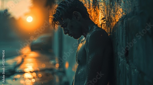 A person experiencing heatstroke symptoms, leaning against a wall and looking visibly distressed while someone offers assistance