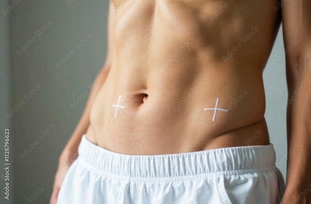 Targeted body markings for medical or fitness purposes on an athletic torso in white shorts. Targeted body markings for medical or fitness purposes on an athletic torso in white shorts.