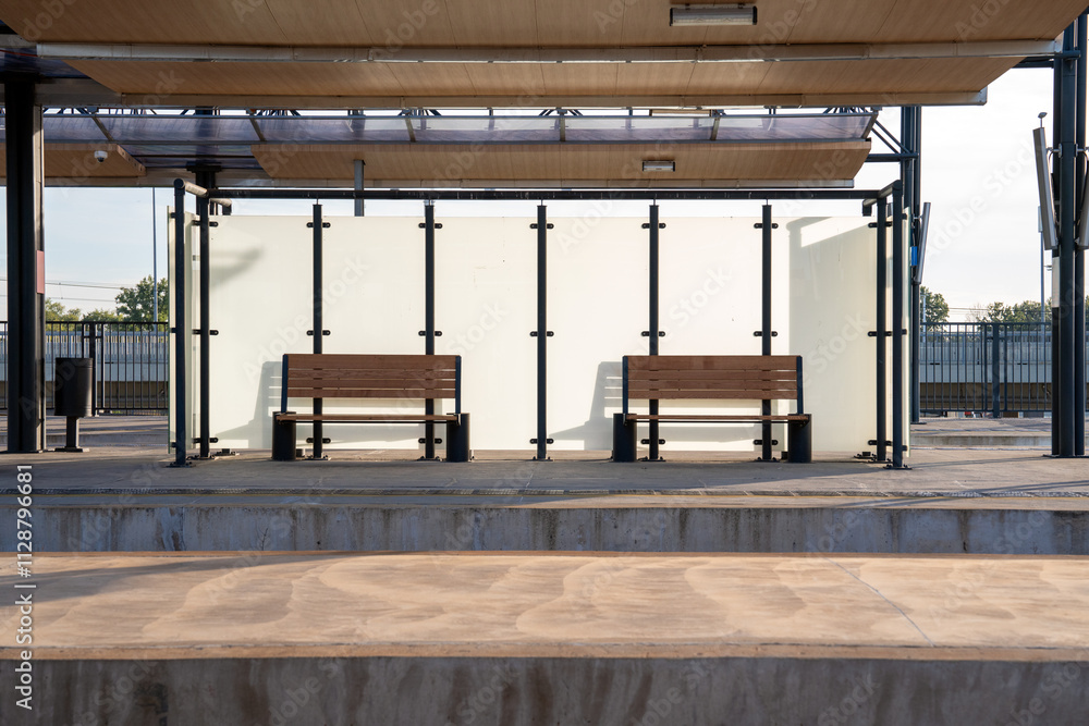 New benches on platform of railroad station. New benches on platform of railroad station.