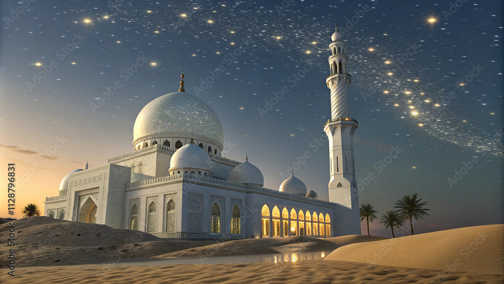 Obraz premium Religious background of Ramadan Kareem with mosque silhouettes reflected