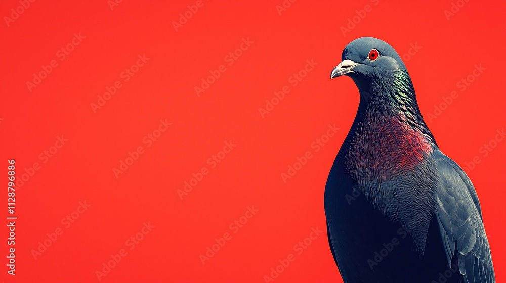 Fototapeta premium Close-up of a dark pigeon against a vibrant red background.