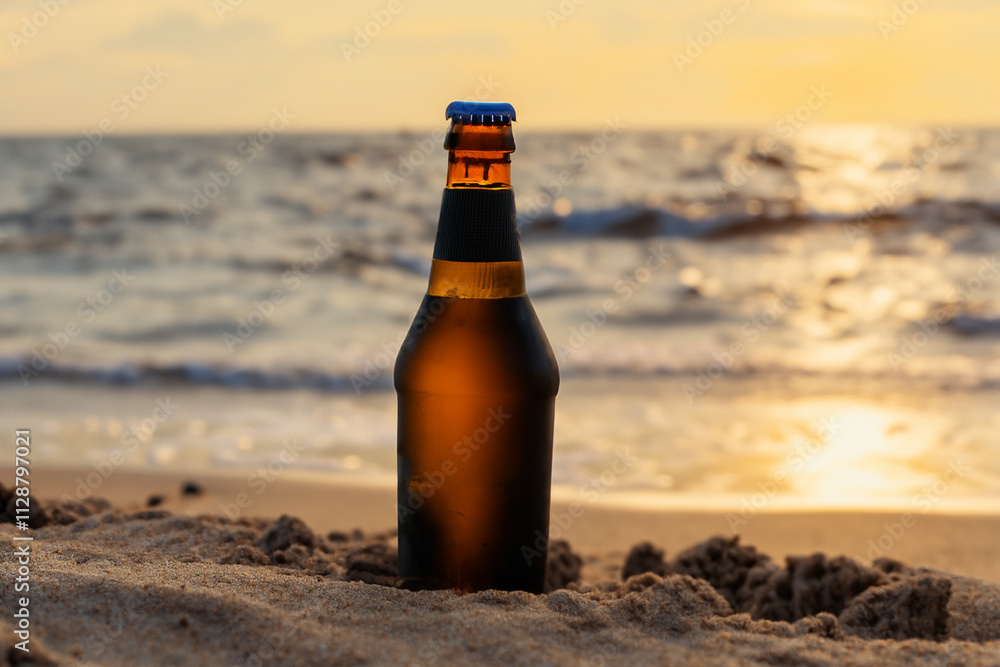 Beer bottle sitting on the beach at sunset. Bottle of wine on the beach at sunset. A bottle of beer in the sea at sunset with a sand and sun. A bottle of beer on a beach with sand and lifestyle sea. Beer bottle sitting on the beach at sunset. Bottle of wine on the beach at sunset. A bottle of beer in the sea at sunset with a sand and sun. A bottle of beer on a beach with sand and lifestyle sea.