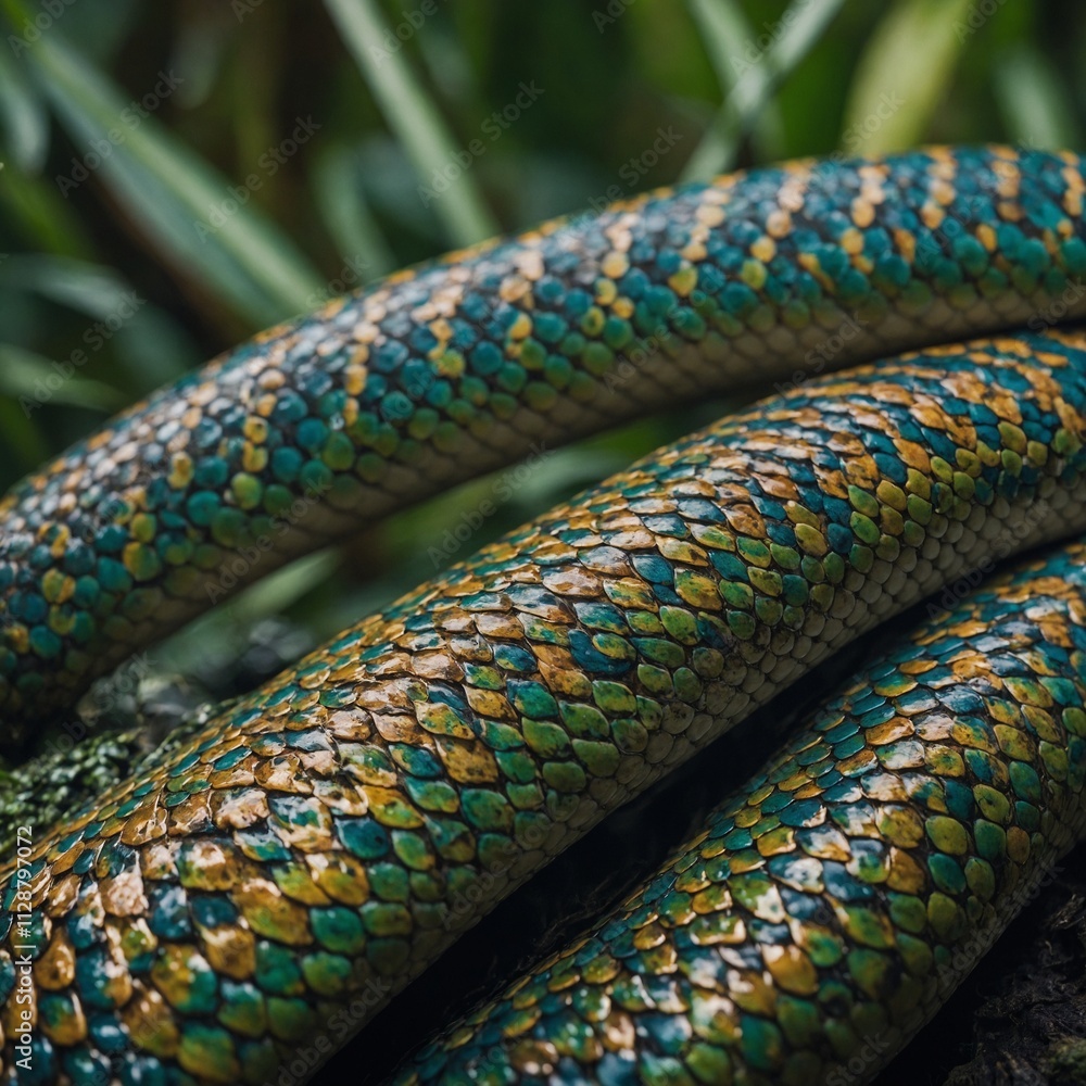 Obraz premium A shimmering scale pattern on a snake’s skin, set against a blurred jungle canopy.