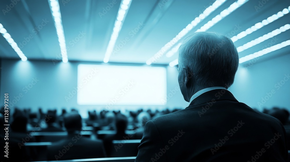 Senior Man Facing Presentation in a Conference Room Senior Man Facing Presentation in a Conference Room