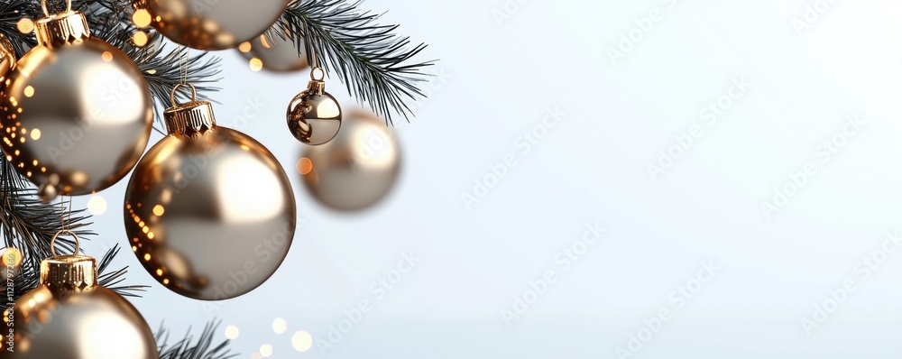 New Year Christmas tree with golden ornaments and a light background New Year Christmas tree with golden ornaments and a light background
