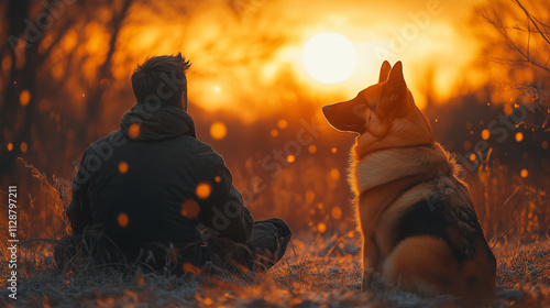 A man and a German Shepherd dog sit outdoors at sunset photo