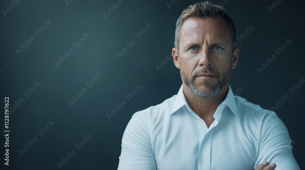Obraz premium Portrait of a Man with a Serious Expression in a White Shirt Against a Blue Background