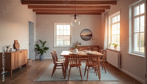 Scandinavian dining room with wooden furniture, minimalist design, and soft lighting, glowing warmly as the sun sets