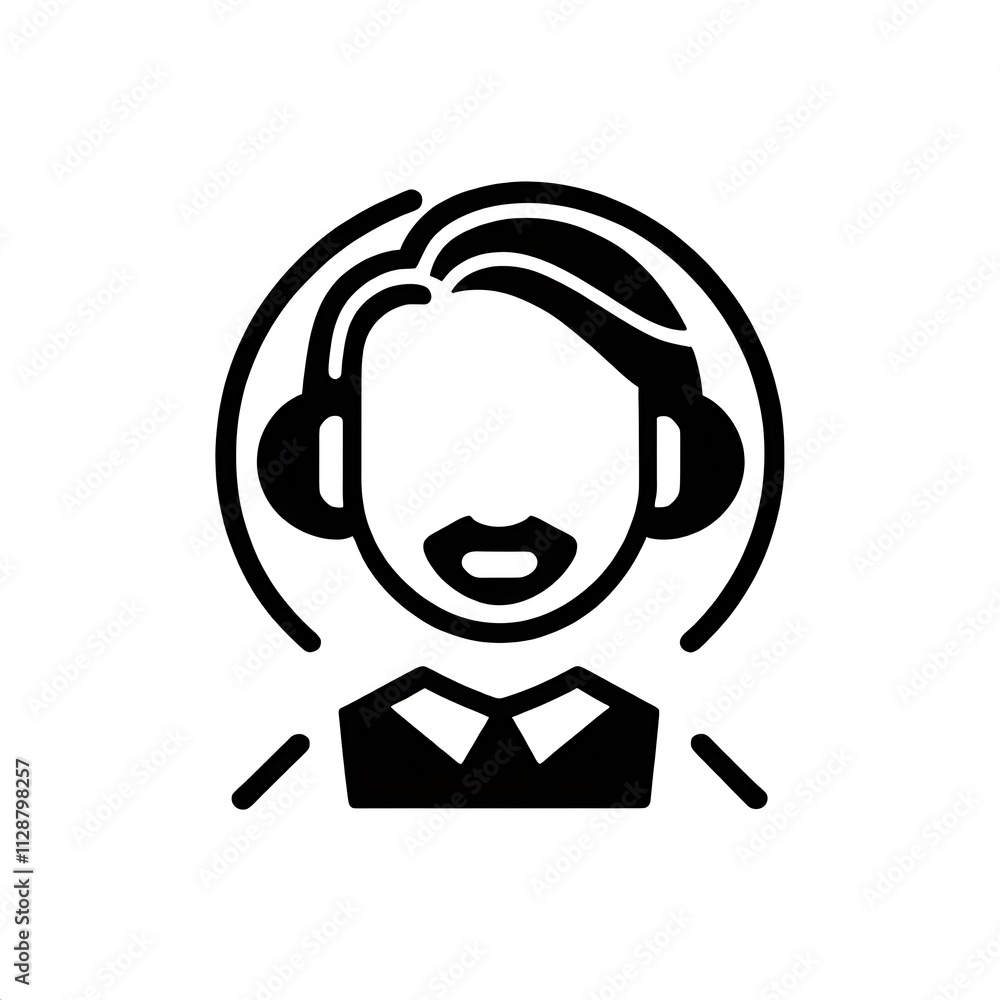 Customer Support Icon: A black and white icon of a customer support representative wearing a headset, symbolizing helpfulness, assistance, and communication. Customer Support Icon: A black and white icon of a customer support representative wearing a headset, symbolizing helpfulness, assistance, and communication.