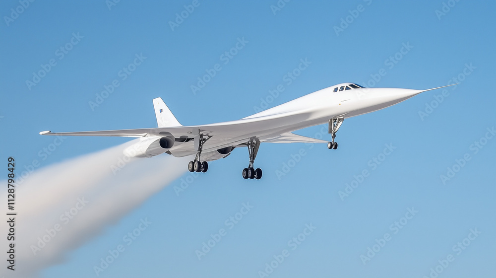 Fototapeta premium Aircraft rapidly breaking the sound barrier, creating a visible shockwave in the sky, symbolizing the pursuit of speed and technological advancement.