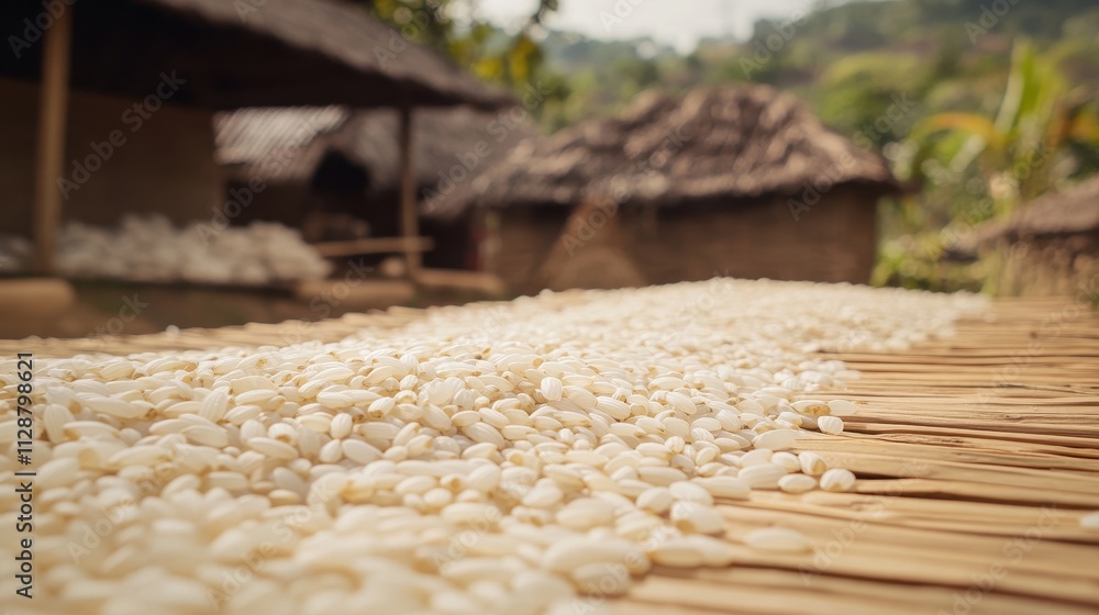 Obraz premium Rice Drying in Rural Village: A Glimpse into Traditional Farming
