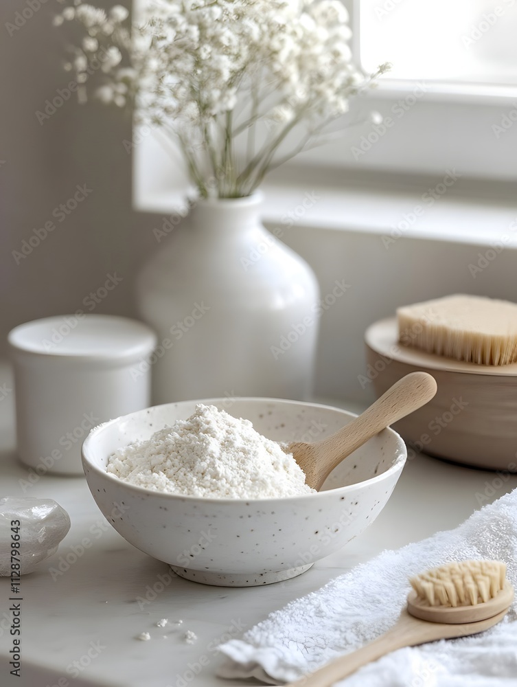 Fototapeta premium A bowl of flour with a wooden spoon, surrounded by decorative elements and kitchen items.