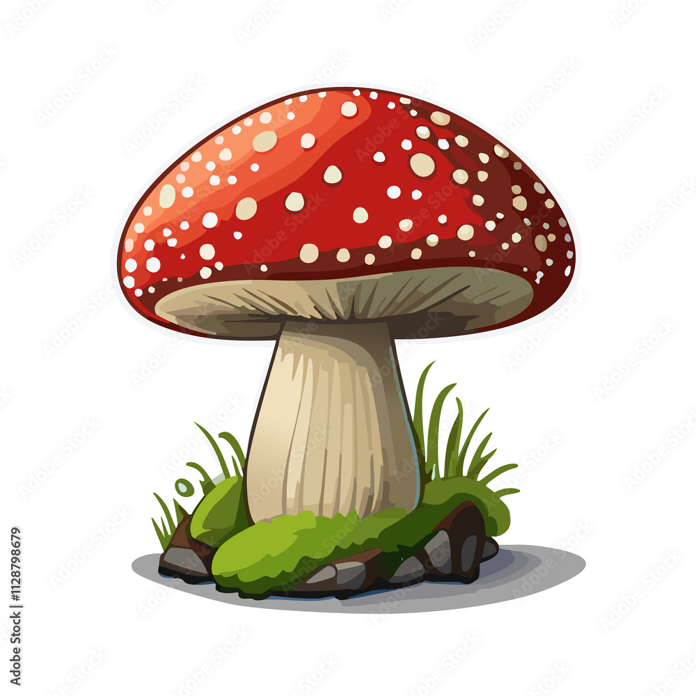 Detailed Red Toadstool Mushroom Illustration with Grass - Fantasy Nature Design Detailed Red Toadstool Mushroom Illustration with Grass - Fantasy Nature Design