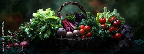 A basket of vegetables, including lettuce, tomatoes, and beets