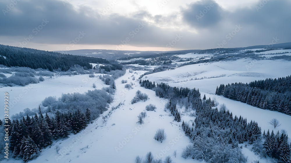 Obraz premium A dramatic aerial view of a snow-covered valley filled with untouched powder snow.