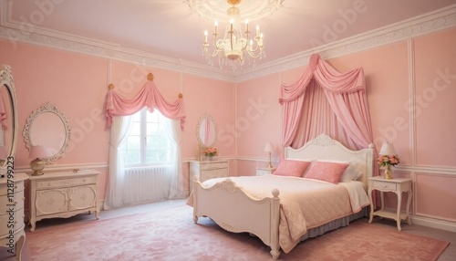 Princess bedroom with delicate pink tones, a canopy bed, sparkling chandelier, and plush carpets, soft light coming from a nearby window in the evening