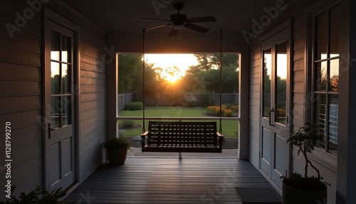 Simple porch with a comfortable swing and minimalistic decor, offering a peaceful view of the sunset-lit garden