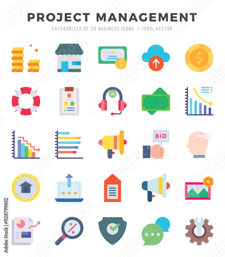 Project Management elements. Flat web icon set. Simple vector illustration.