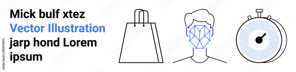 Shopping bag, geometrically illustrated human face, stopwatch indicating time measurement. Ideal for e-commerce, facial recognition technology, time management, digital security, retail design, tech