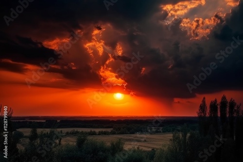 Silhouetted trees against a fiery sunset with dark clouds. AI generative. . photo