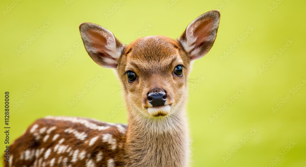 Adorable fawn in nature, close-up portrait on green background Adorable fawn in nature, close-up portrait on green background