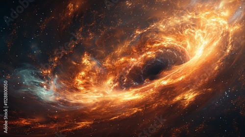 Fiery nebula with swirling orange and blue gas clouds surrounding a black hole. AI generative. .