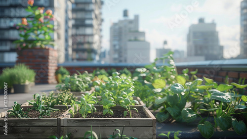 Urban garden on a rooftop with leafy greens and herbs, demonstrating sustainable urban agriculture.
