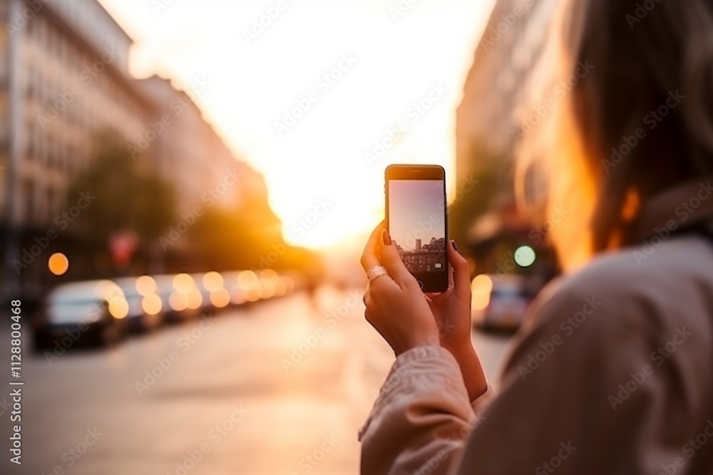 Fototapeta premium A woman holds a smartphone to capture a city scene. The sun is setting behind the buildings and reflecting on the glass of the phone. AI generative. .
