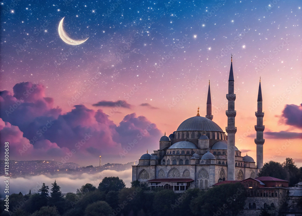 Religious background of Ramadan Kareem with mosque silhouettes reflected Religious background of Ramadan Kareem with mosque silhouettes reflected