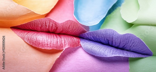 Colorful lips on pastel backgrounds, vibrant hues, textured surfaces, artistic composition, copy space for text photo