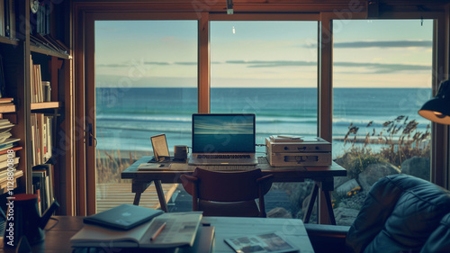 A work desk in a seaside cabin, with a laptop, notebook, and an ocean view, illustrates the harmony between productivity and the peaceful rhythm of coastal living.