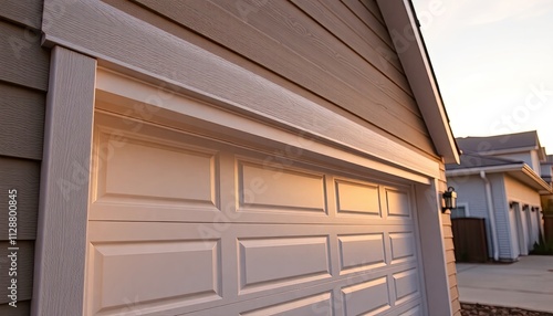 Garage door trim with modern details, clean lines, and a minimalist design, illuminated by the soft glow of sunset