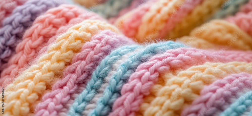 Colorful knitted blanket texture, soft pastel hues, intricate patterns, cozy fabric, warm and inviting, perfect for home decor, copy space for text Colorful knitted blanket texture, soft pastel hues, intricate patterns, cozy fabric, warm and inviting, perfect for home decor, copy space for text