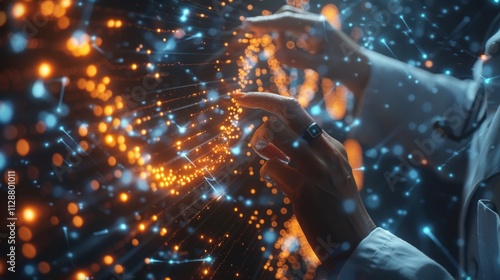 A hand wearing a ring touches a glowing abstract network of orange and blue light. AI generative. .