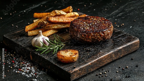 Close-up of a hamburger with fries and garlic on a wooden board against a dark background