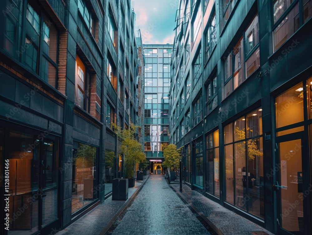 Alley with modern office buildings. Alley with modern office buildings.